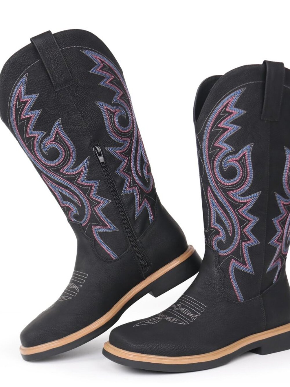 Women's Cowboy Cowgirl Boots Square Toe Side Zipper Embroidered Low Heel Dress